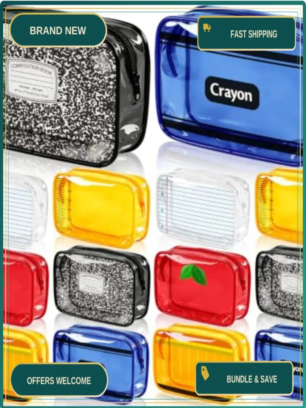 12 Pack Clear PVC Pencil Pouches Waterproof Transparent Zipper Bags for School